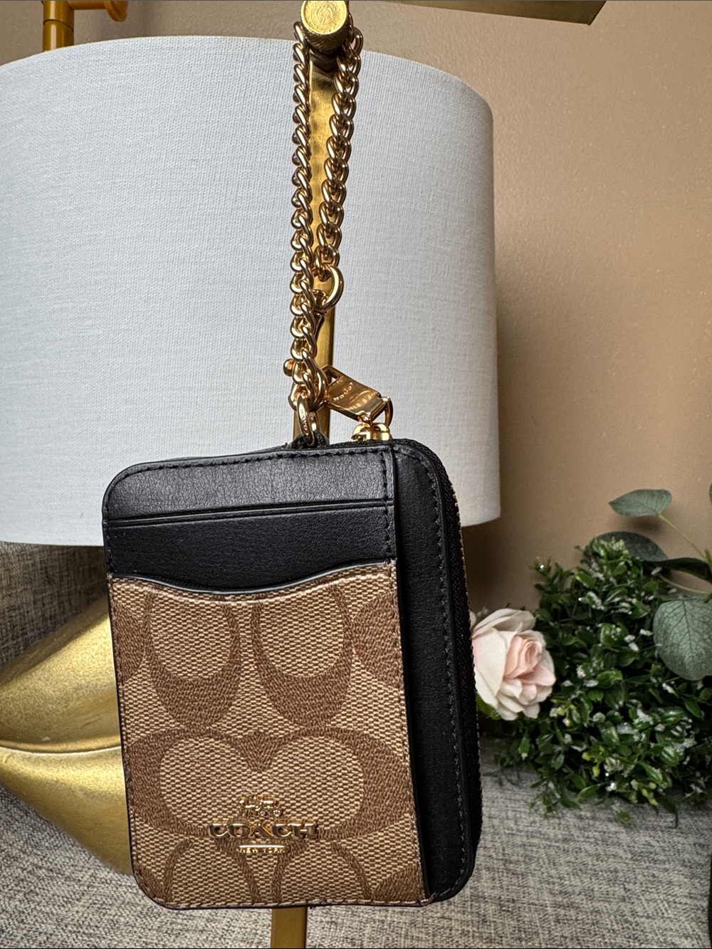 Coach Brown & Black Signature Canvas Card Case with Gold Chain